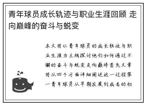 青年球员成长轨迹与职业生涯回顾 走向巅峰的奋斗与蜕变